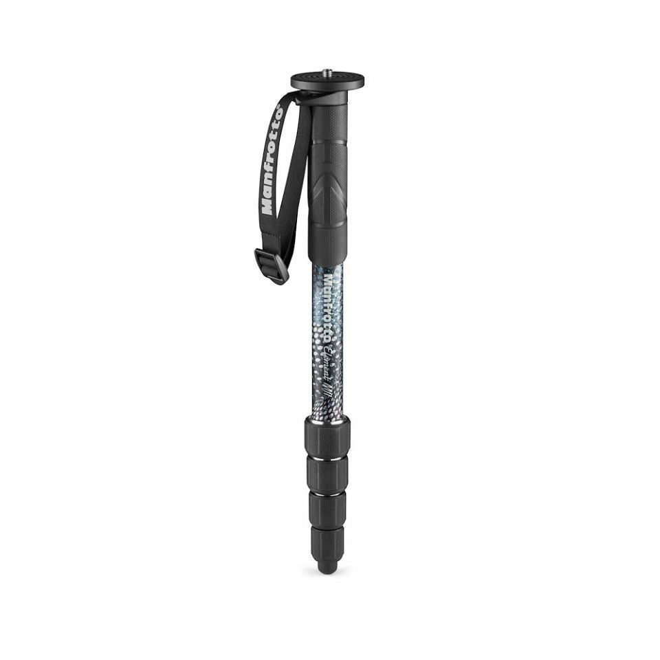 Monopied foto din aluminiu Manfrotto, vedere laterală cu segmente și curea