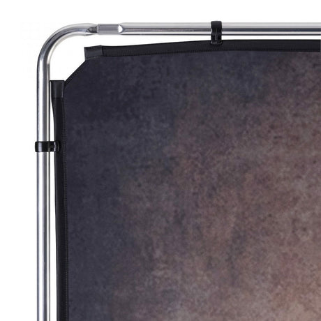 Close-up corner of 2x2.3m walnut backdrop frame with dark textured fabric panel
