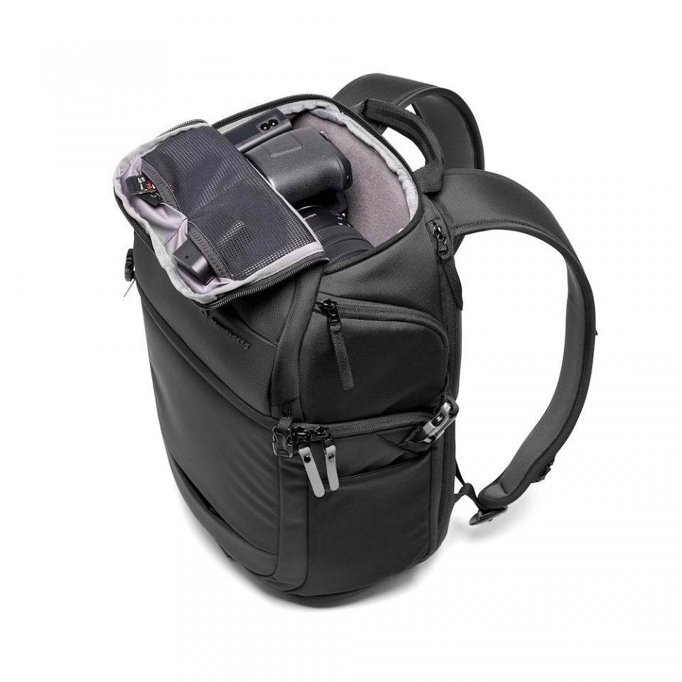 Fast 3 camera backpack side view, open top section with padded dividers