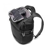 Fast 3 camera backpack side view, open top section with padded dividers