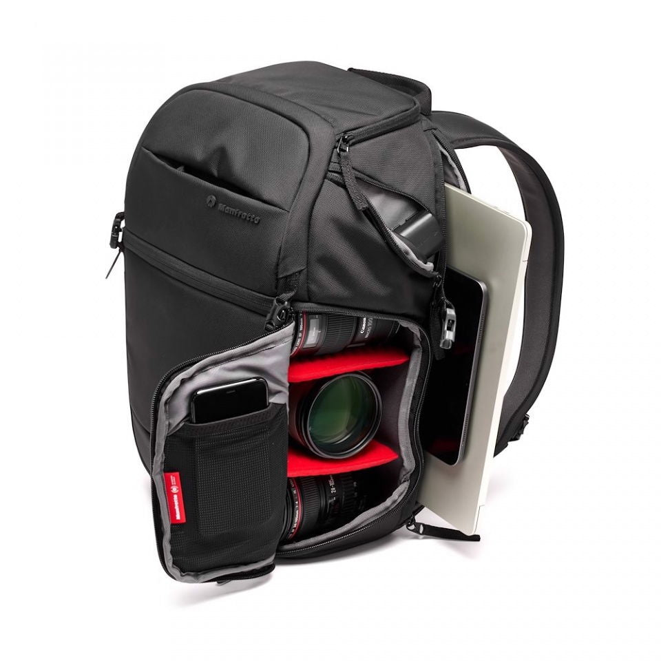 Fast 3 camera backpack open, padded interior with lens slots and side compartment