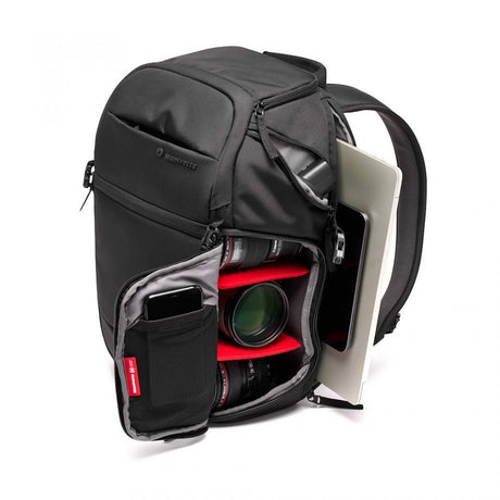 Fast 3 camera backpack open, padded interior with lens slots and side compartment