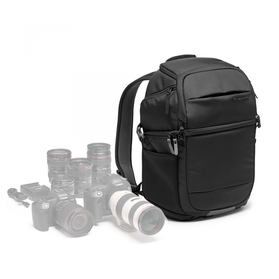 Fast 3 camera backpack, black front panel with zipper and side pocket