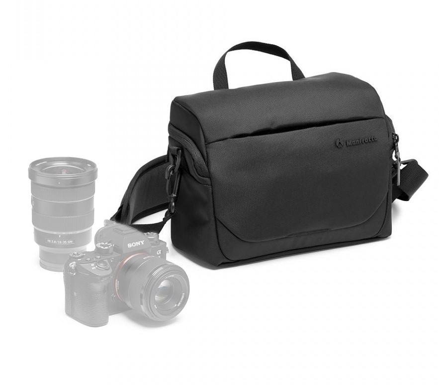 Geantă foto de umăr Manfrotto, neagră, cu clapetă și buzunar frontal