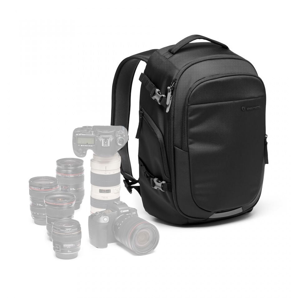 Black Manfrotto photo backpack with front zip pocket and handle, camera gear storage