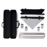Scrim kit components: black soft cases, folded frame poles, triangular diffuser sheet