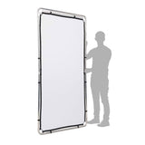 Portable scrim frame with white fabric panel, standing beside a person for scale