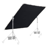 2.9x2.9m scrim frame with dark black panel on adjustable tripod legs