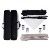 Scrim kit contents: black case, folded panels, light stands, clamps and rods