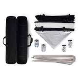 Pro Scrim kit components: black carry cases, folded black/white panels, poles and clamps