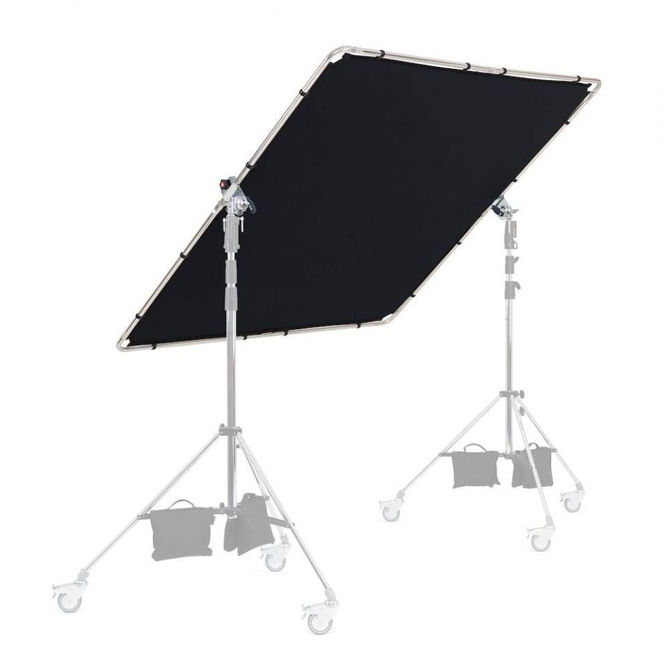 2x2m scrim set up with black panel on metal frame and tripod stands