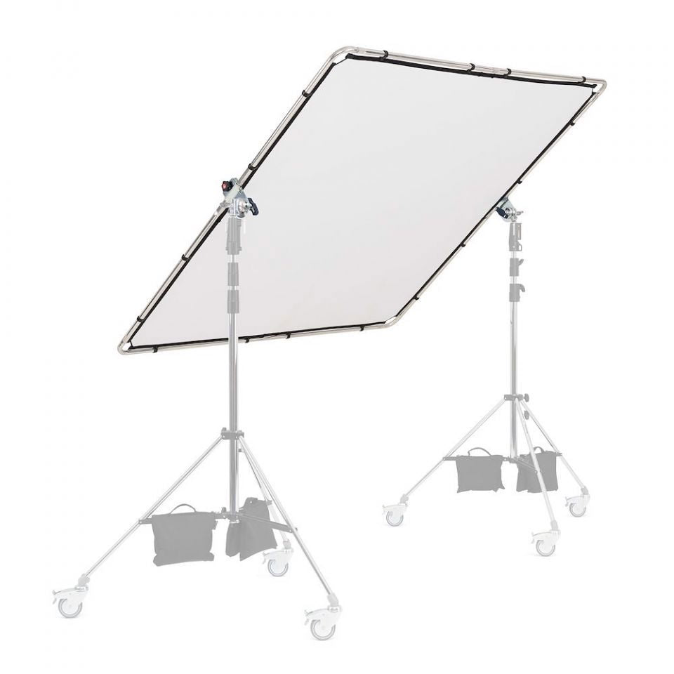 2x2m scrim set up: translucent white panel on metal frame with tripod stands