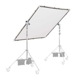 2x2m scrim set up: translucent white panel on metal frame with tripod stands
