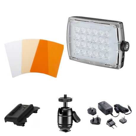 Lampa video LED Manfrotto Micro Pro 24, cu accesorii și filtre colorate