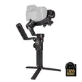 Black 3-axis gimbal stabilizer with handle, camera mount, tripod base