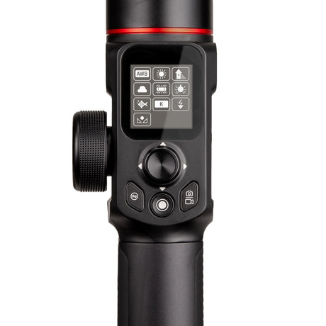 Gimbal controller touchscreen with AWB and scene settings, main dial, and control buttons