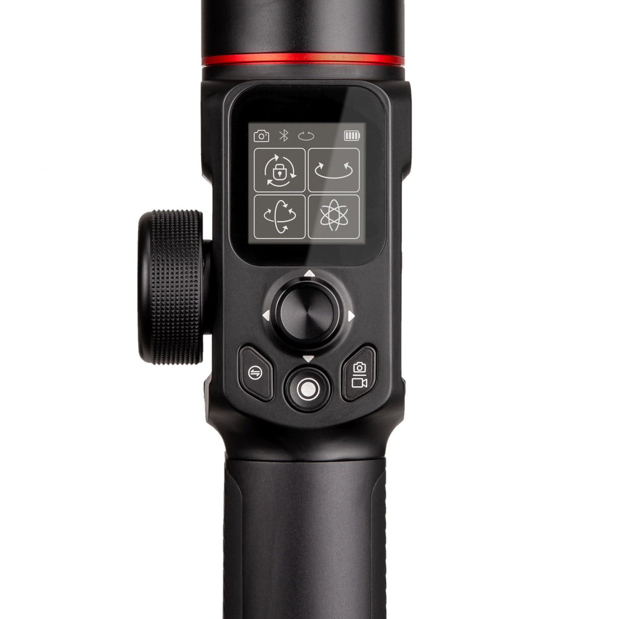 Gimbal control panel with touchscreen, mode icons, textured side wheel, and buttons