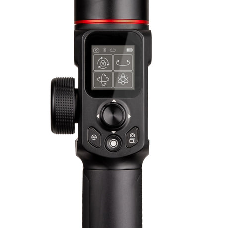 Gimbal control panel with touchscreen, mode icons, textured side wheel, and buttons
