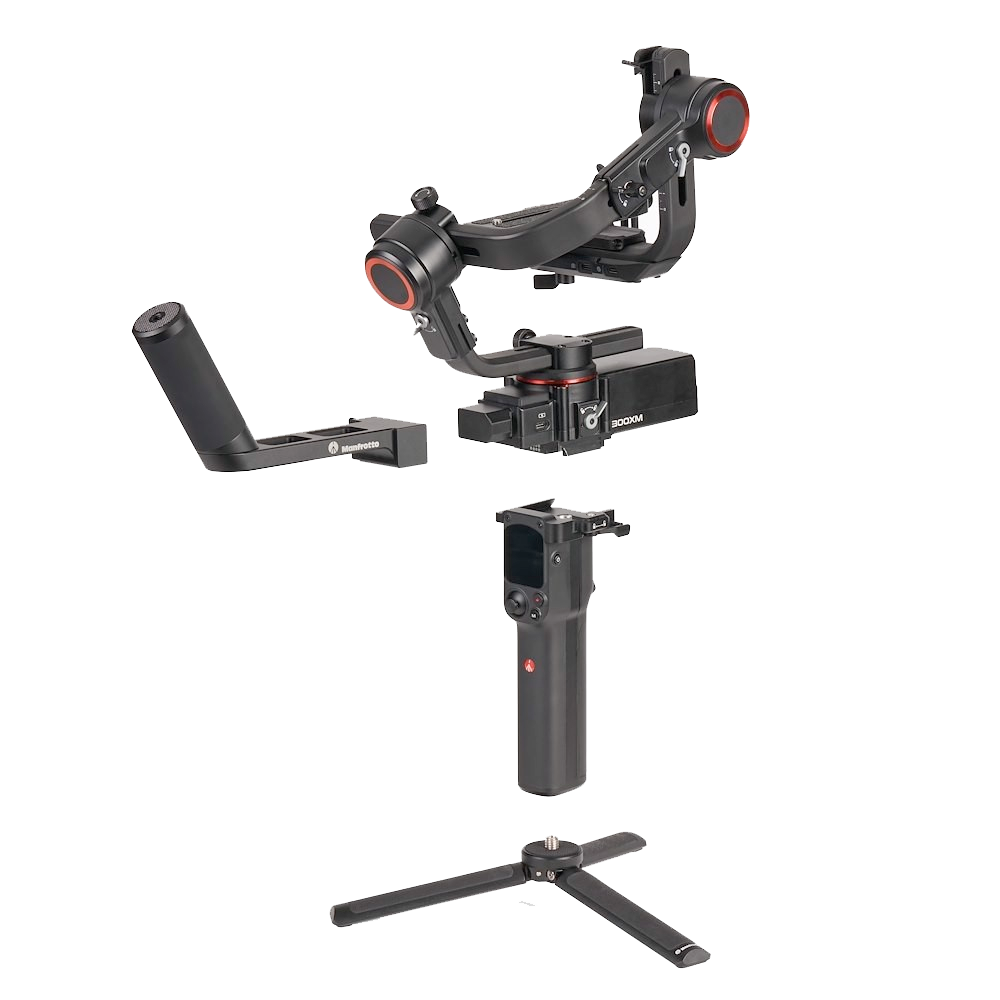 3-axis modular gimbal stabilizer with camera mount, black body and base stand