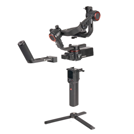 3-axis modular gimbal stabilizer with camera mount, black body and base stand