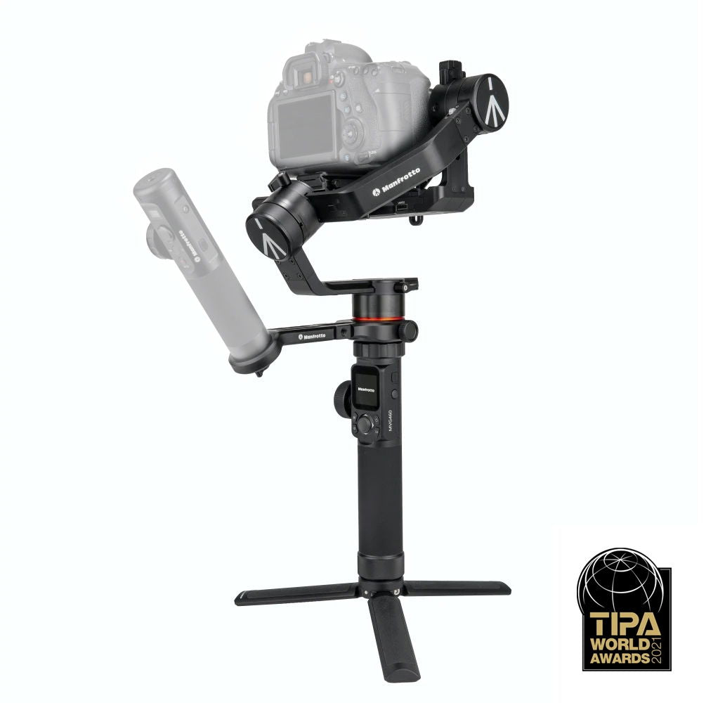 3-axis camera gimbal stabilizer with counterbalance arm and tripod base, dark gray/black