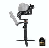 3-axis camera gimbal stabilizer with counterbalance arm and tripod base, dark gray/black