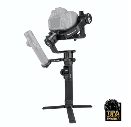 3-axis camera gimbal stabilizer with counterbalance arm and tripod base, dark gray/black