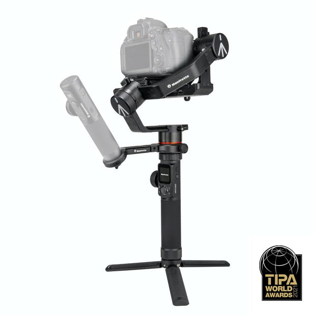 3-axis camera gimbal stabilizer with counterbalance arm and tripod base, dark gray/black
