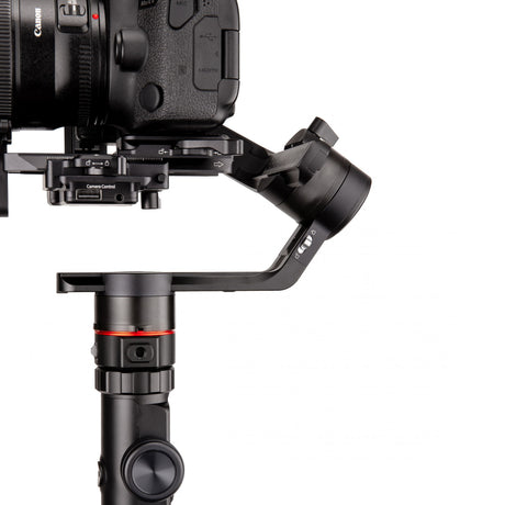Close-up of camera gimbal control base and tilt arm with red ring marking, black