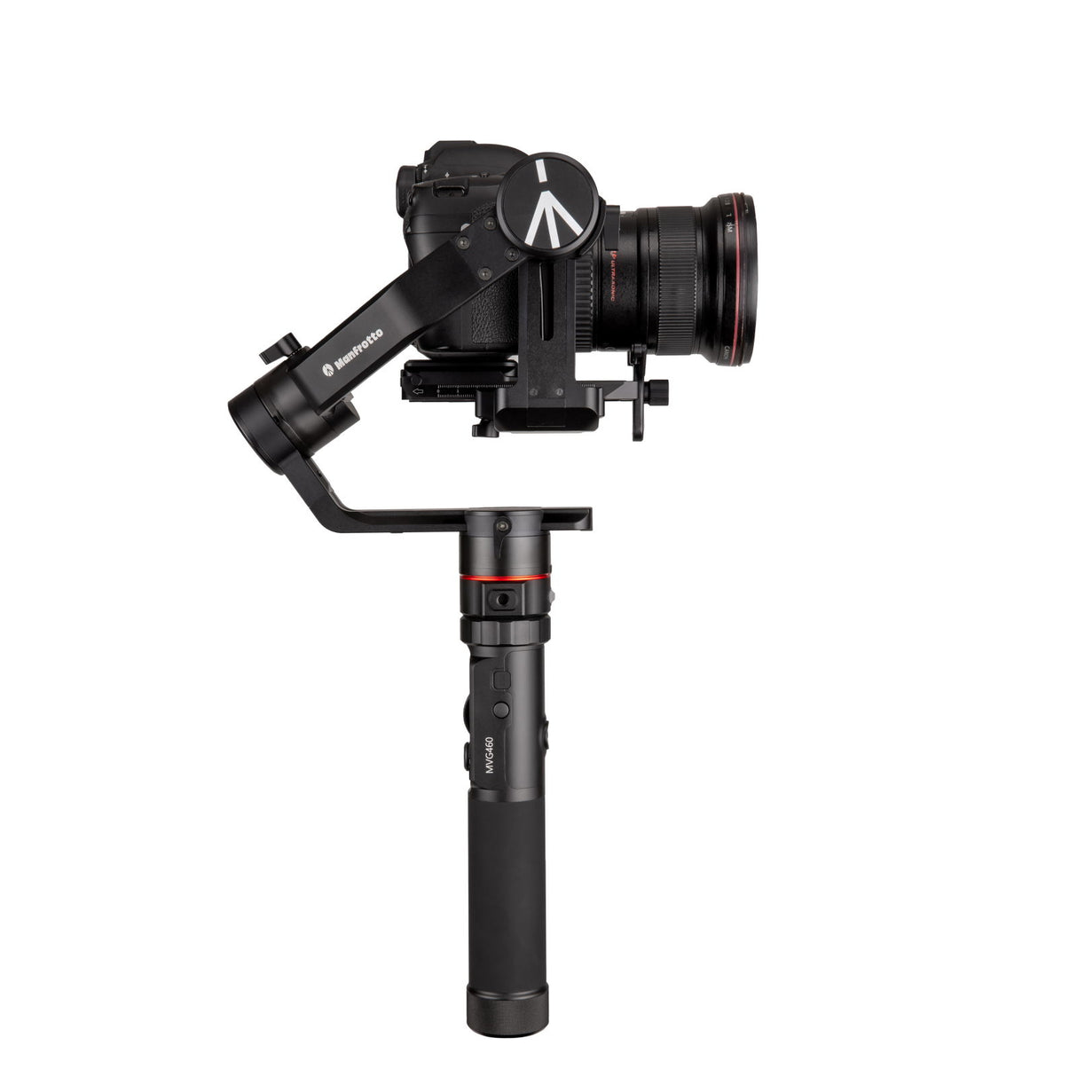 3-axis gimbal camera stabilizer with lens mount and front grip, black with red accents