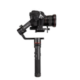 3-axis gimbal camera stabilizer with lens mount and front grip, black with red accents