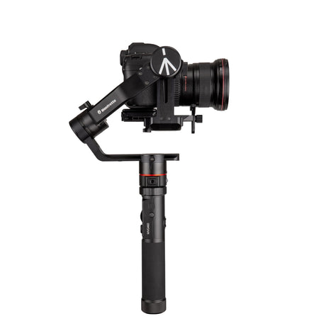 3-axis gimbal camera stabilizer with lens mount and front grip, black with red accents