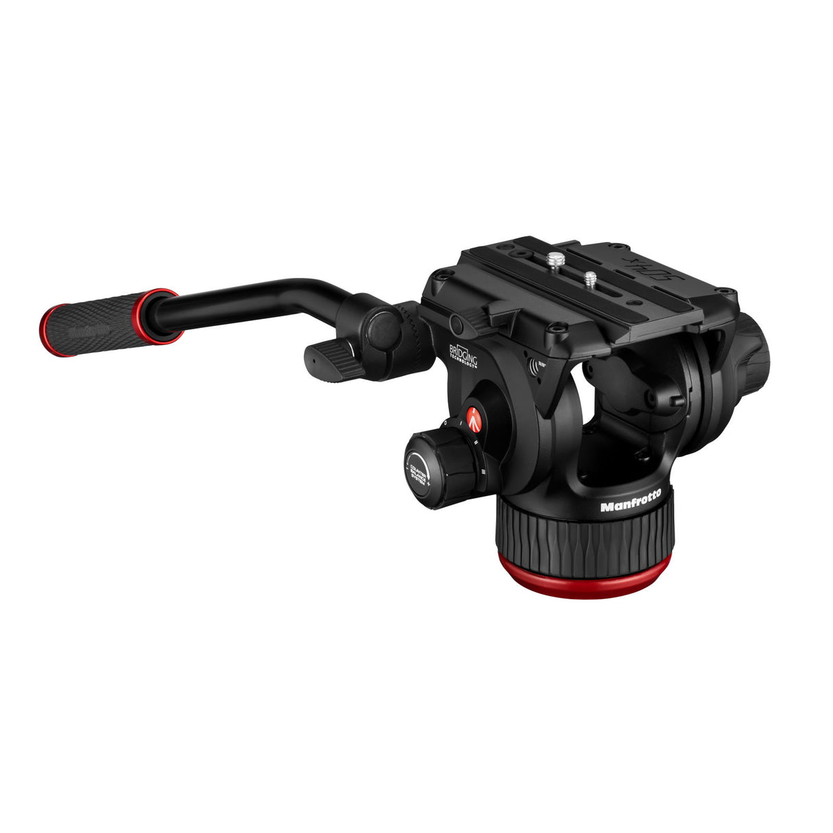 Video fluid head side view with padded handle and red ring base, black finish.