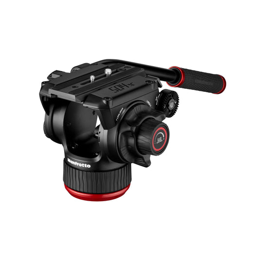 Black video fluid head with pan lock dial and textured handle, red accent rings.