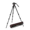 Black video tripod with red accents and padded carrying case