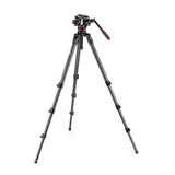 Black video tripod legs with red details and mounted fluid head