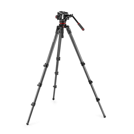 Black video tripod legs with red details and mounted fluid head