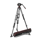Set trepied video cu spreader de podea, cadru negru și geantă neagră cu roșu