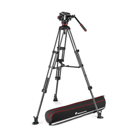 Carbon video tripod with mid-spreader and carry case, black with red trim