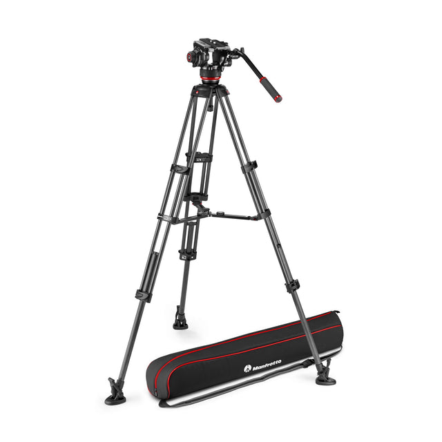 Carbon video tripod with mid-spreader and carry case, black with red trim