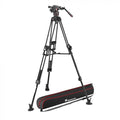 Black video tripod with fluid head and red-accent carrying case
