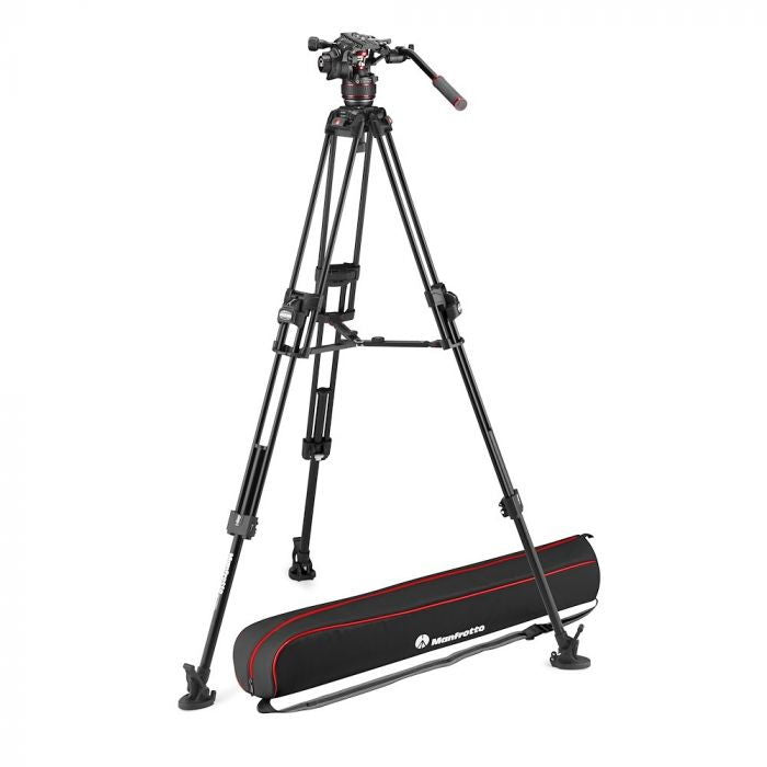 Black video tripod with fluid head and red-accent carrying case