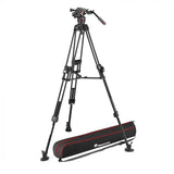 Black video tripod with fluid head and red-accent carrying case
