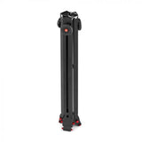 Folded black tripod legs assembly with red release buttons, front view