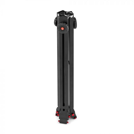 Folded black tripod legs assembly with red release buttons, front view