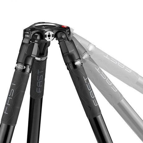 Carbon tripod legs close-up with grip pattern and locking joints, black and silver