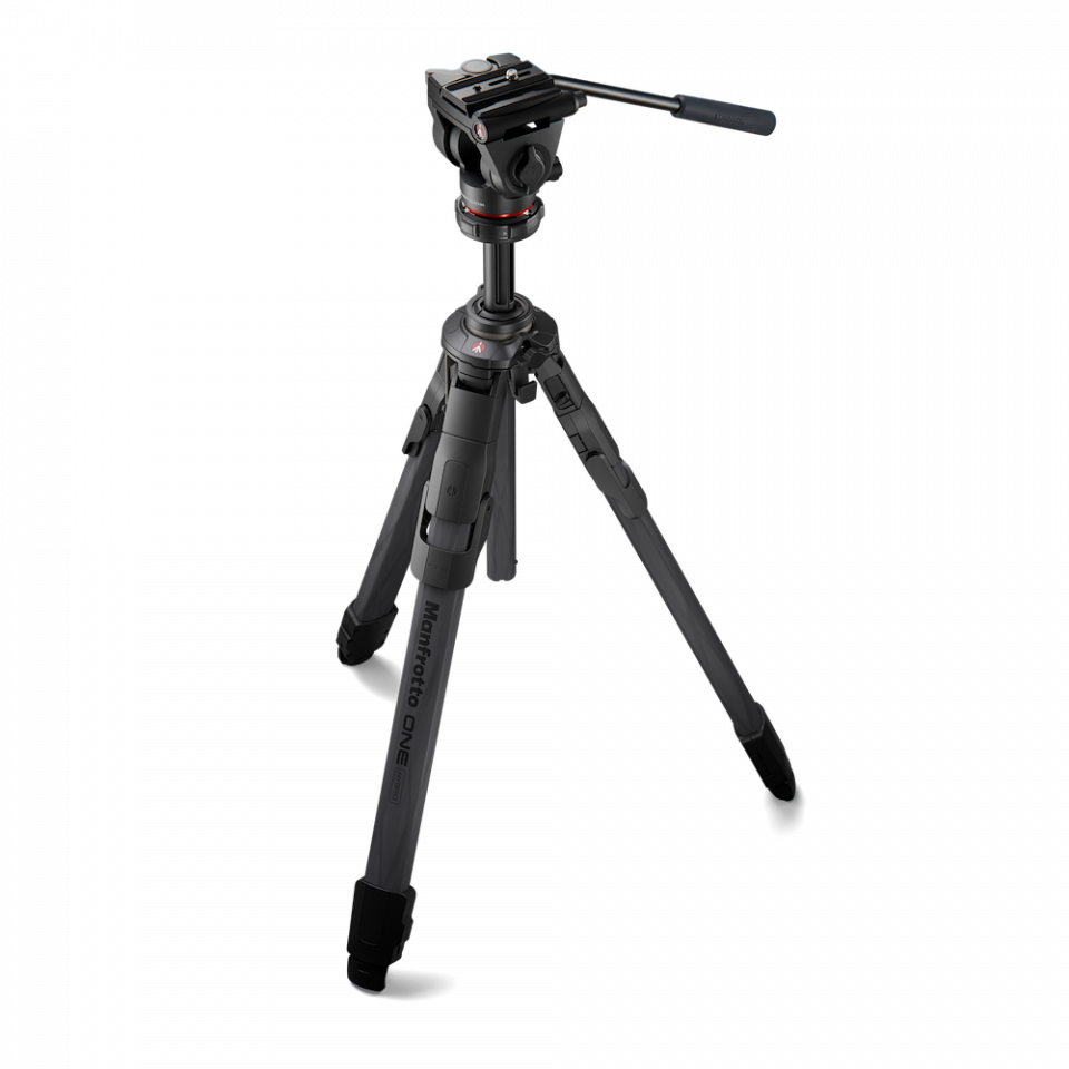Compact tripod with fluid head on tapered legs, ready for travel
