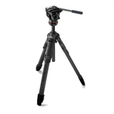 Compact tripod with fluid head on tapered legs, ready for travel