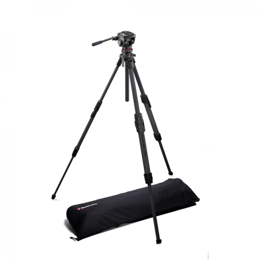 Black hybrid carbon tripod with MVH500XAH head and padded carry bag