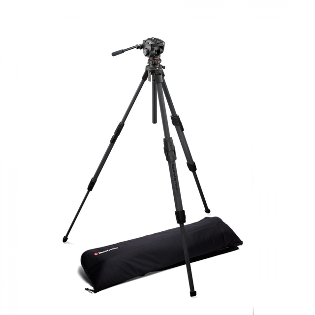 Carbon hybrid tripod kit with fluid head and black carry bag